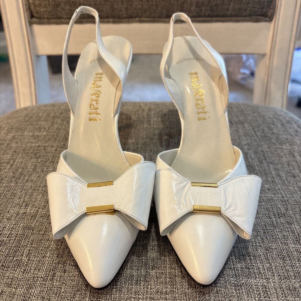 Size 9 Womens Maserati White High Heels Dress Shoes With Bow Tie